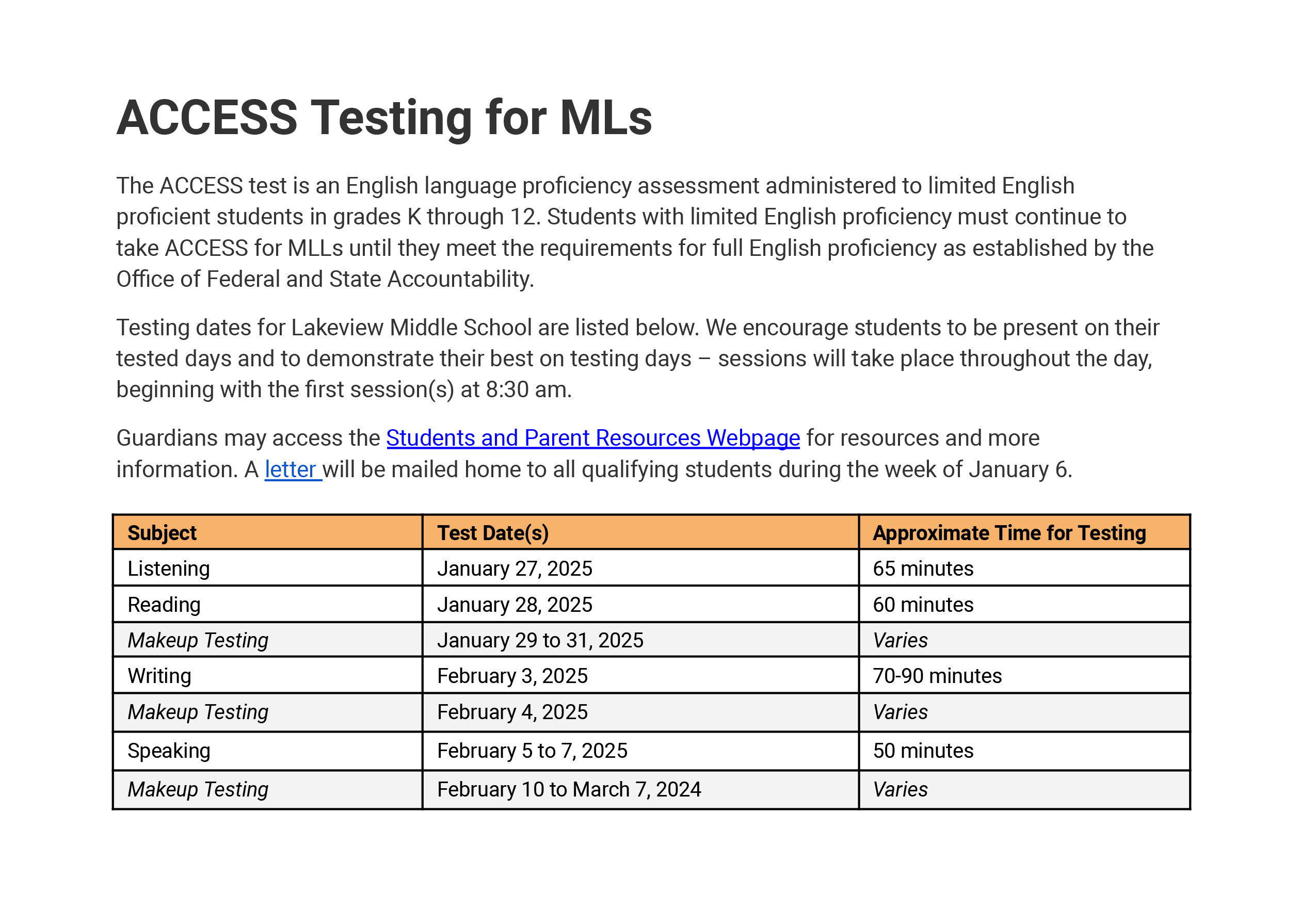 ACCESS Testing Schedule